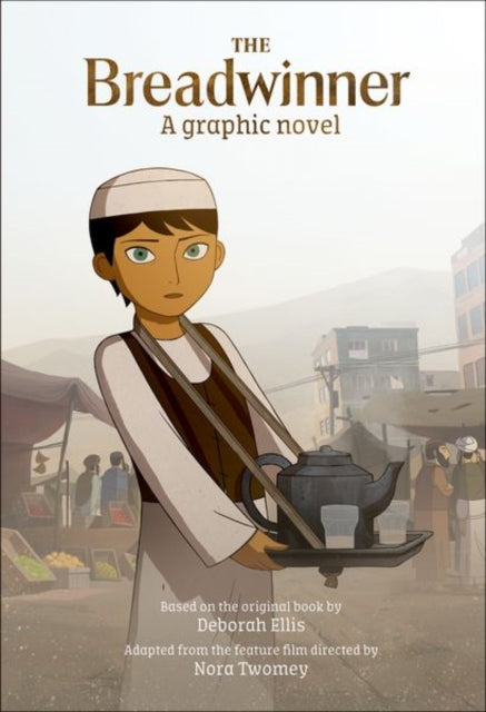 The Breadwinner graphic novel cover art features a young boy carrying a tea tray.