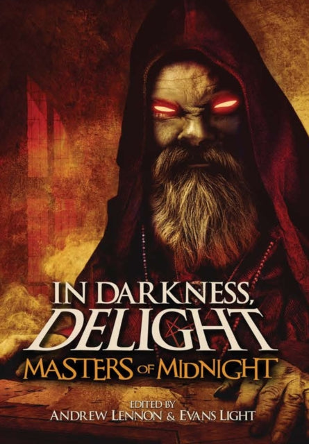 In Darkness, Delight: Masters of Midnight book cover featuring a hooded figure with glowing red eyes.