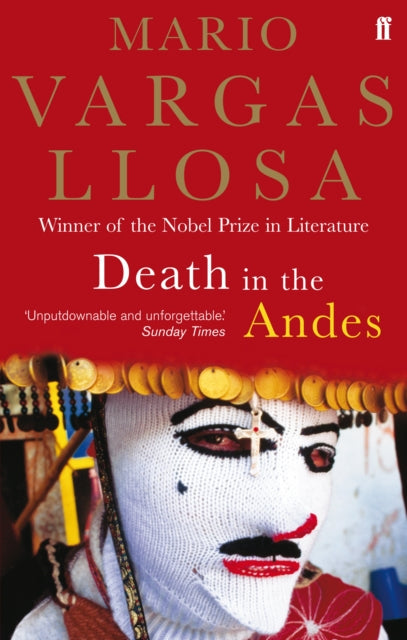 Death in the Andes book cover featuring a person in a white knitted mask with red lips and black markings.