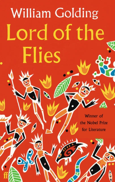 Lord of the Flies book cover with stylized figures and flames.