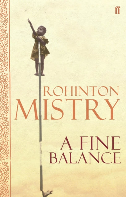 A Fine Balance by Rohinton Mistry book cover featuring a child on a pole.