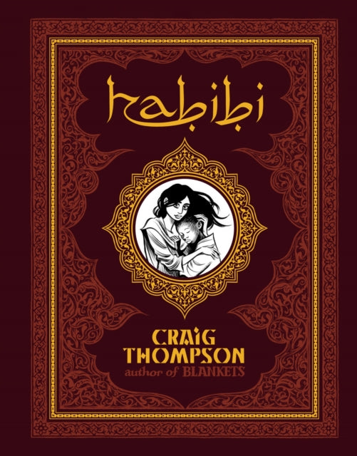 Habibi graphic novel cover with Arabic title and illustration of a woman holding a child.