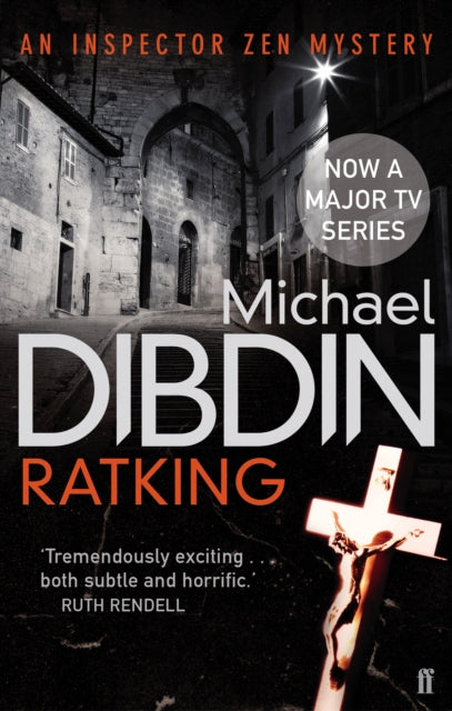 Book cover for Ratking by Michael Dibdin, featuring a dark alley and a crucifix.