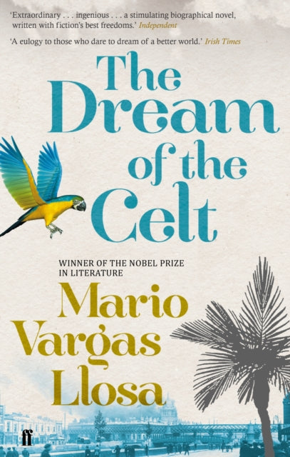 The Dream of the Celt book cover with a parrot and palm tree.