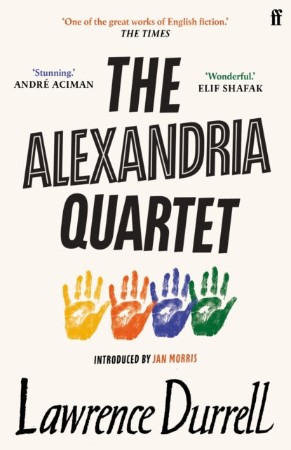 The Alexandria Quartet book cover with colorful handprints.