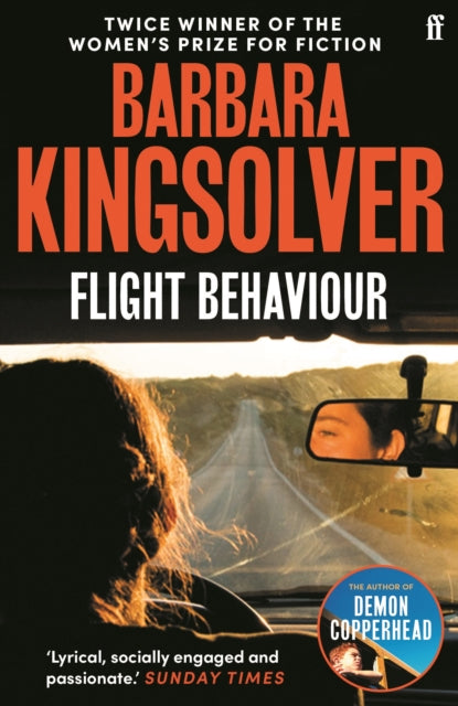 Book cover for Flight Behaviour by Barbara Kingsolver, featuring a woman driving.