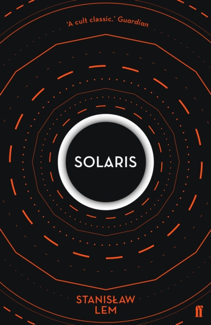 Solaris book cover with concentric orange circles and text.