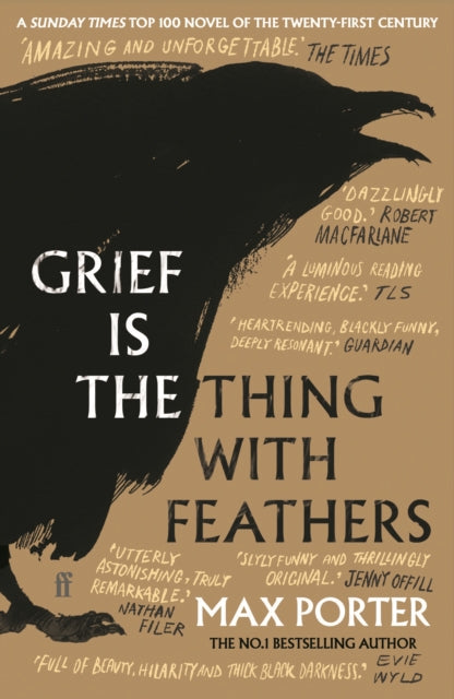Book cover for Grief Is the Thing with Feathers by Max Porter featuring a black crow illustration.