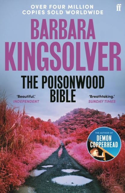 The Poisonwood Bible book cover with a dirt road and pink foliage.