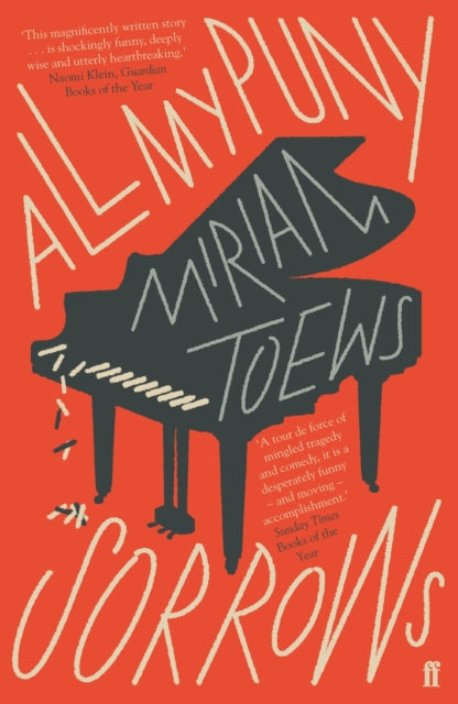 Book cover for "All My Puny Sorrows" featuring a piano and text.