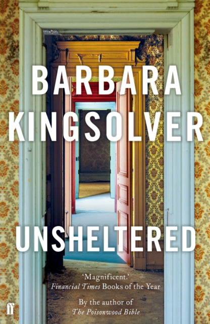 The book "Unsheltered" features a cover with a series of open doors in an old house.