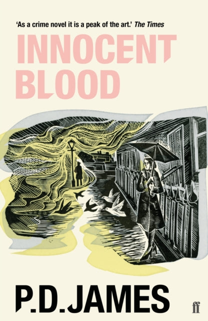 Innocent Blood by P.D. James book cover with a linocut illustration.