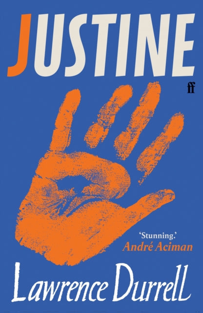 Book cover for Justine by Lawrence Durrell with an orange handprint.