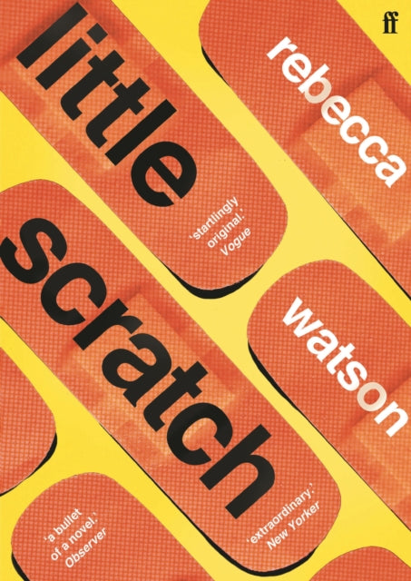 Book cover with "little scratch" and "rebecca watson" on orange band-aid shapes.