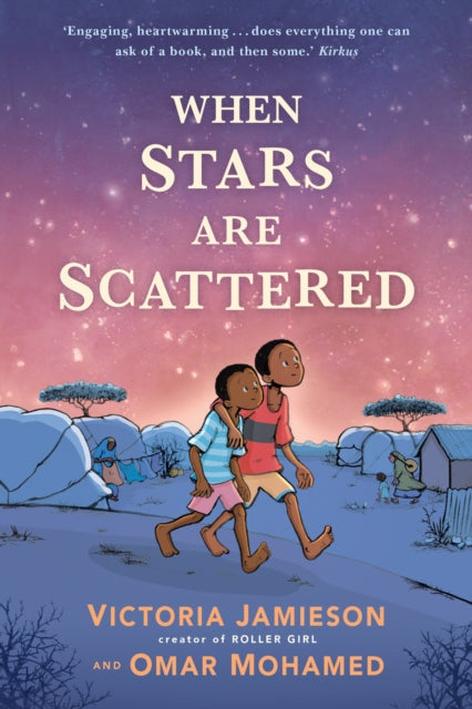 Book cover for When Stars Are Scattered featuring two boys walking in a refugee camp.