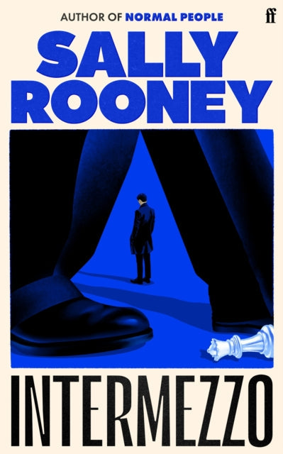Book cover for Intermezzo by Sally Rooney featuring chess pieces and a small figure between large legs.