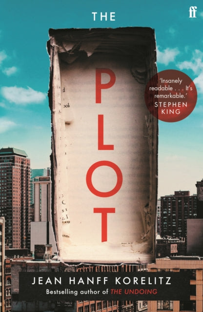 The Plot book cover featuring a torn book against a city skyline.