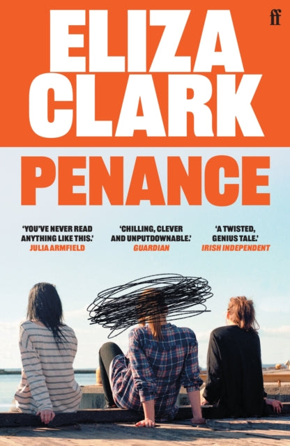 Book cover for Penance by Eliza Clark featuring three figures from behind.