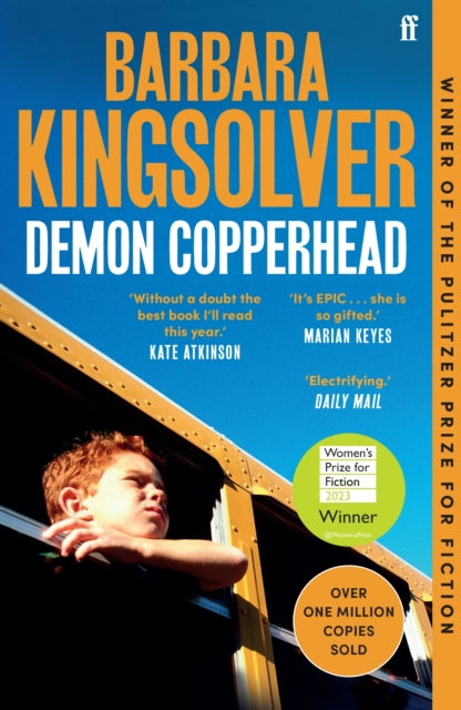 Demon Copperhead book cover with a boy looking out a bus window.
