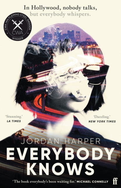 Book cover for Everybody Knows by Jordan Harper with a double exposure of a woman and a city skyline.