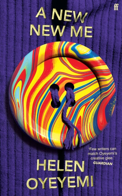 A New New Me book cover with a large, colorful button on a purple knitted background.