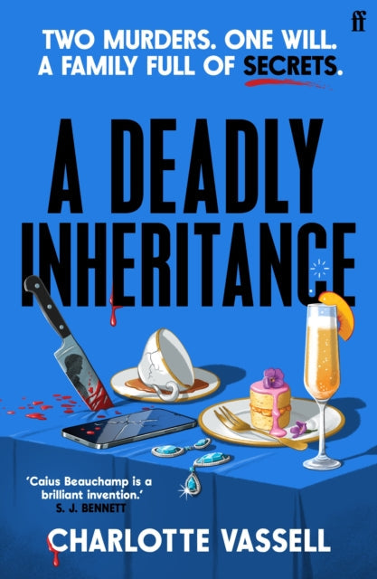 A Deadly Inheritance book cover with a knife, teacup, cake, and drink.