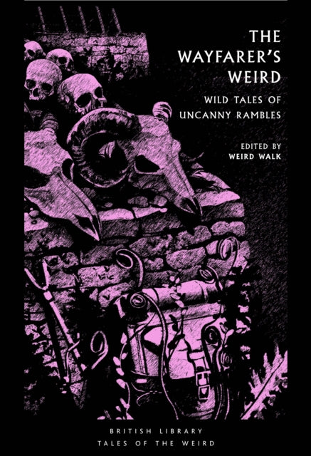 The Wayfarer's Weird book cover features skulls, a ram skull, and a backpack.
