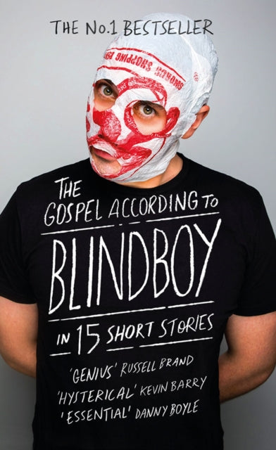A man wears a plastic bag mask and a t-shirt that says "The Gospel According to Blindboy".