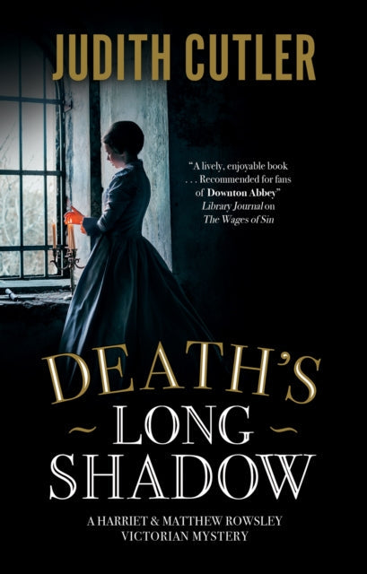 Death's Long Shadow book cover featuring a woman in a Victorian dress by a window.