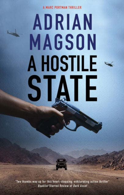 A Hostile State book cover featuring a gun and a desert landscape.