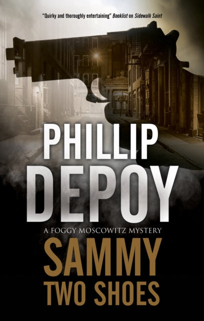 Sammy Two Shoes book cover featuring a gun silhouette over a city street.