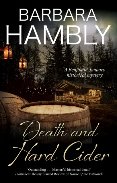 Death and Hard Cider book cover featuring a rustic cabin and barrels.