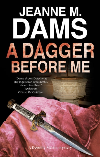 A Dagger Before Me book cover featuring a dagger on pink fabric.