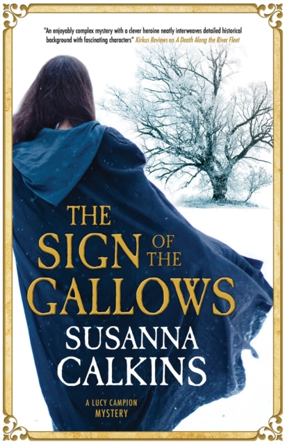 The Sign of the Gallows book cover featuring a woman in a blue cloak and a snowy tree.