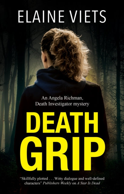 Book cover for Death Grip by Elaine Viets featuring a woman in a forest.
