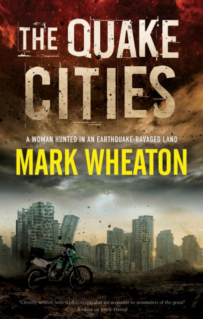 The Quake Cities book cover features a post-apocalyptic cityscape with a motorcycle.