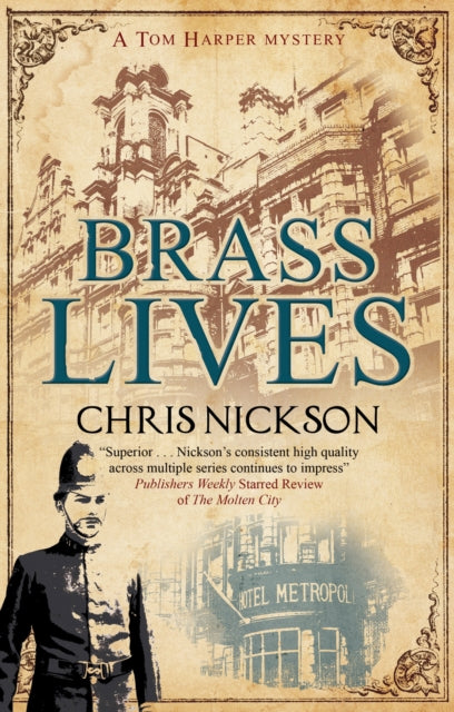 Brass Lives book cover featuring a police officer and a building.