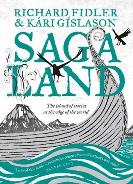 Saga Land book cover with Viking ship, mountains, and birds.