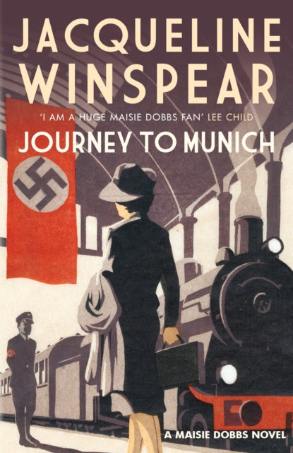 Book cover for "Journey to Munich" featuring a woman with luggage at a train station with a Nazi flag.