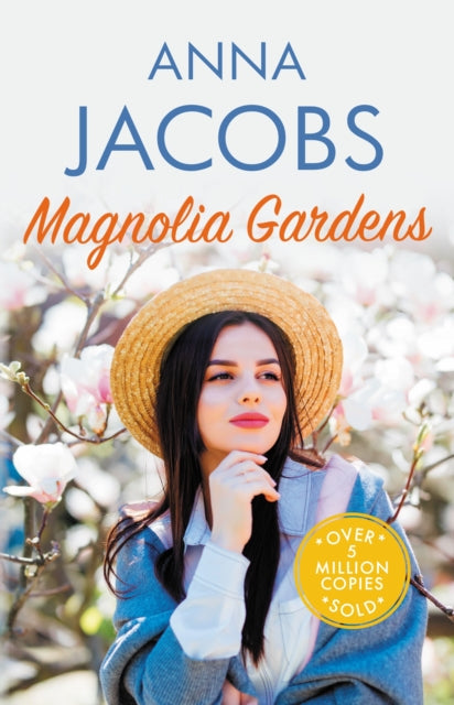 Magnolia Gardens book cover with a woman in a straw hat and magnolia blossoms.