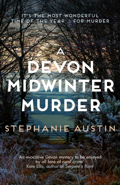 A Devon Midwinter Murder book cover with a winter landscape.