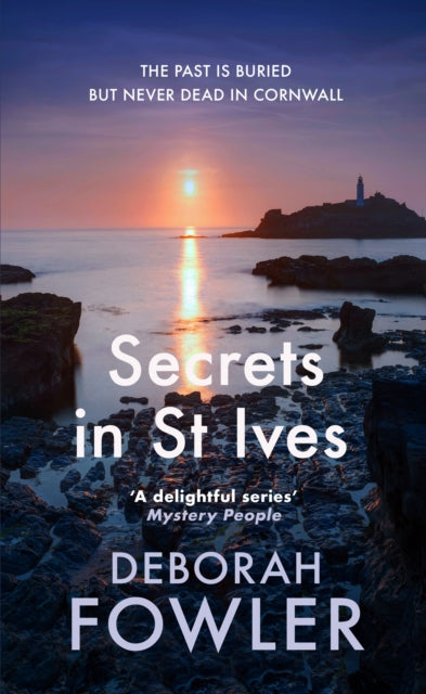 Secrets in St Ives book cover with a sunset over the sea and a lighthouse.