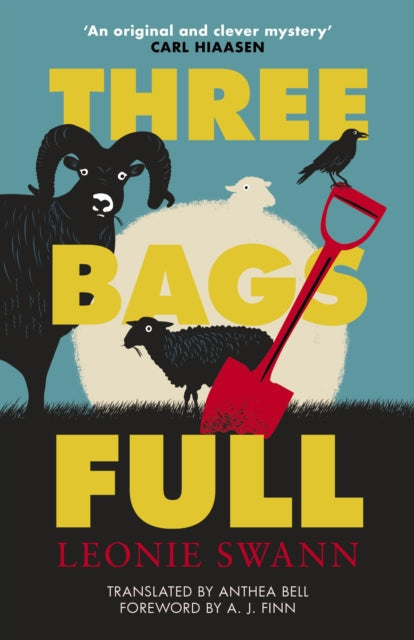 Book cover for "Three Bags Full" featuring sheep, a spade, and a crow.