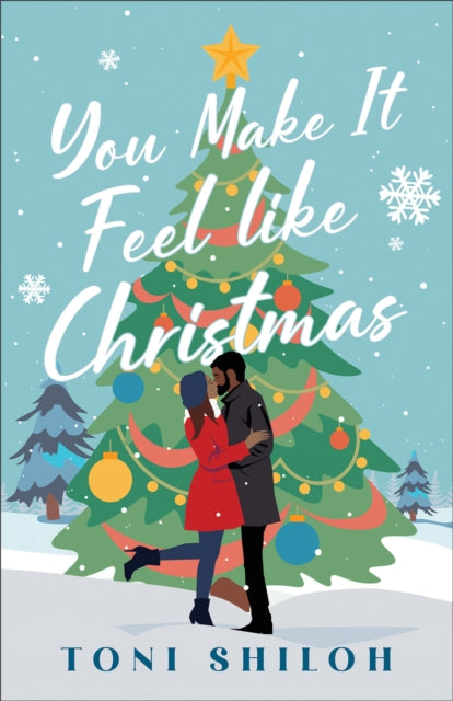 Book cover with a couple kissing in front of a Christmas tree.