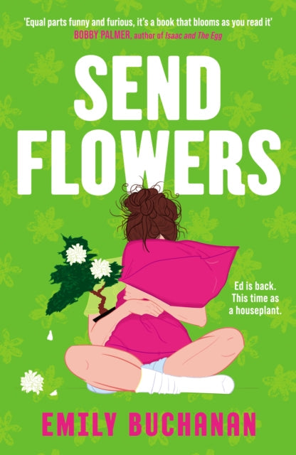 Send Flowers book cover with a woman holding a pillow and a plant.