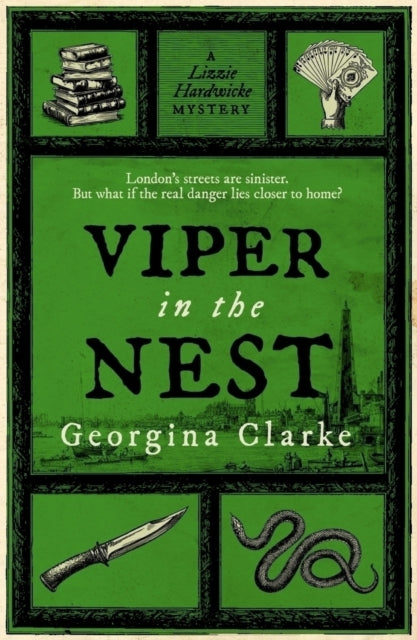 Viper in the Nest book cover with illustrations of books, cards, a knife, and a snake.