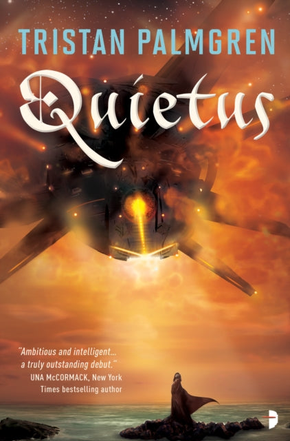 Book cover for Quietus by Tristan Palmgren featuring a spaceship and a figure on rocks.