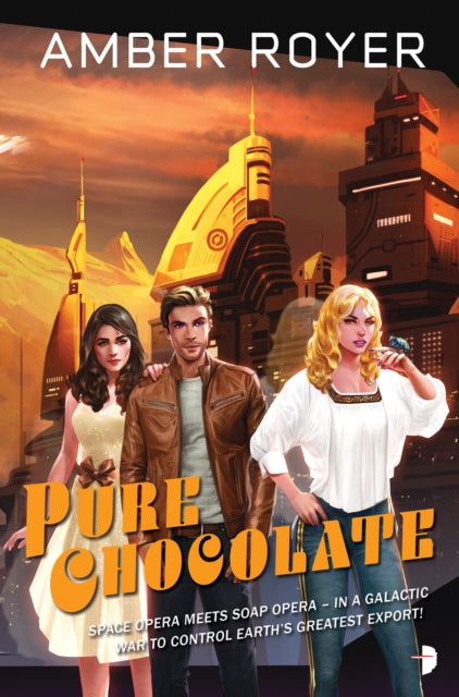 Book cover for "Pure Chocolate" by Amber Royer featuring three people and futuristic buildings.