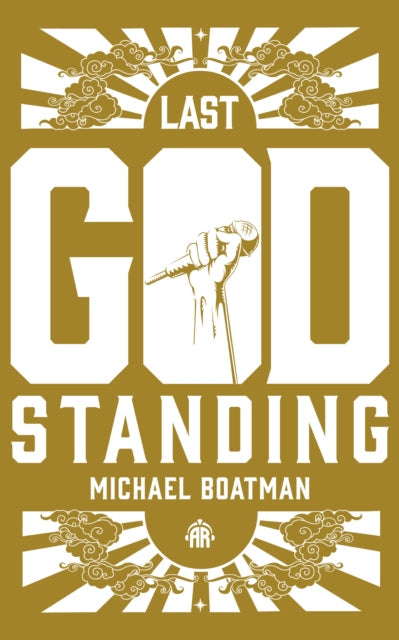 Last God Standing book cover with a microphone and sunburst design.