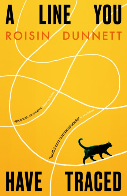 Book cover for "A Line You Have Traced" with a yellow background and black cat.